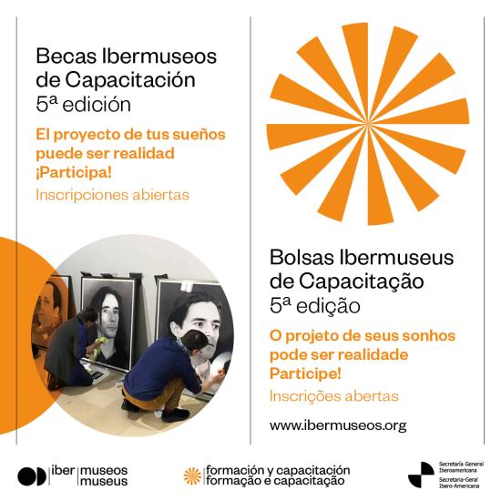 Pieza gráfica que invita a postular a las Becas Ibermuseos de Capacitación 2023.