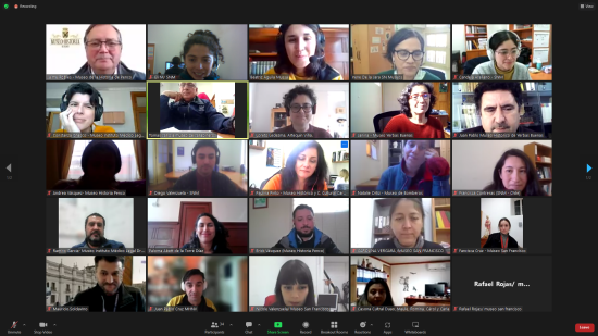 Captura de pantalla que muestra reunión virtual de una veintena de personas.